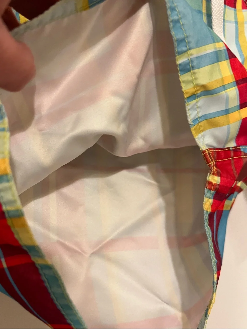 Volcom Men’s Plaid Swim Trunks in Yellow, Red & Blue, Size 32